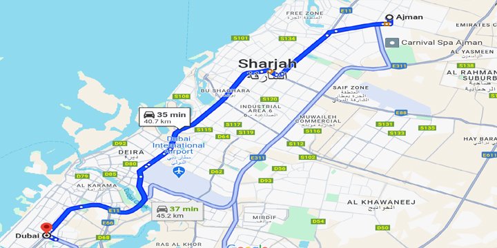 Ajman to Dubai E400 Bus Route by Map