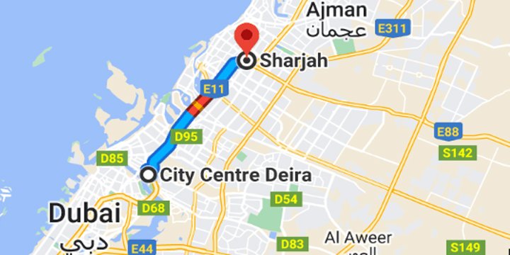 Deira City Center to Sharjah bus Map