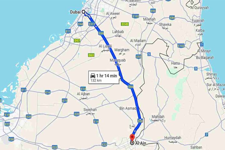 Al Ghubaiba to Al Ain Bus Route Map